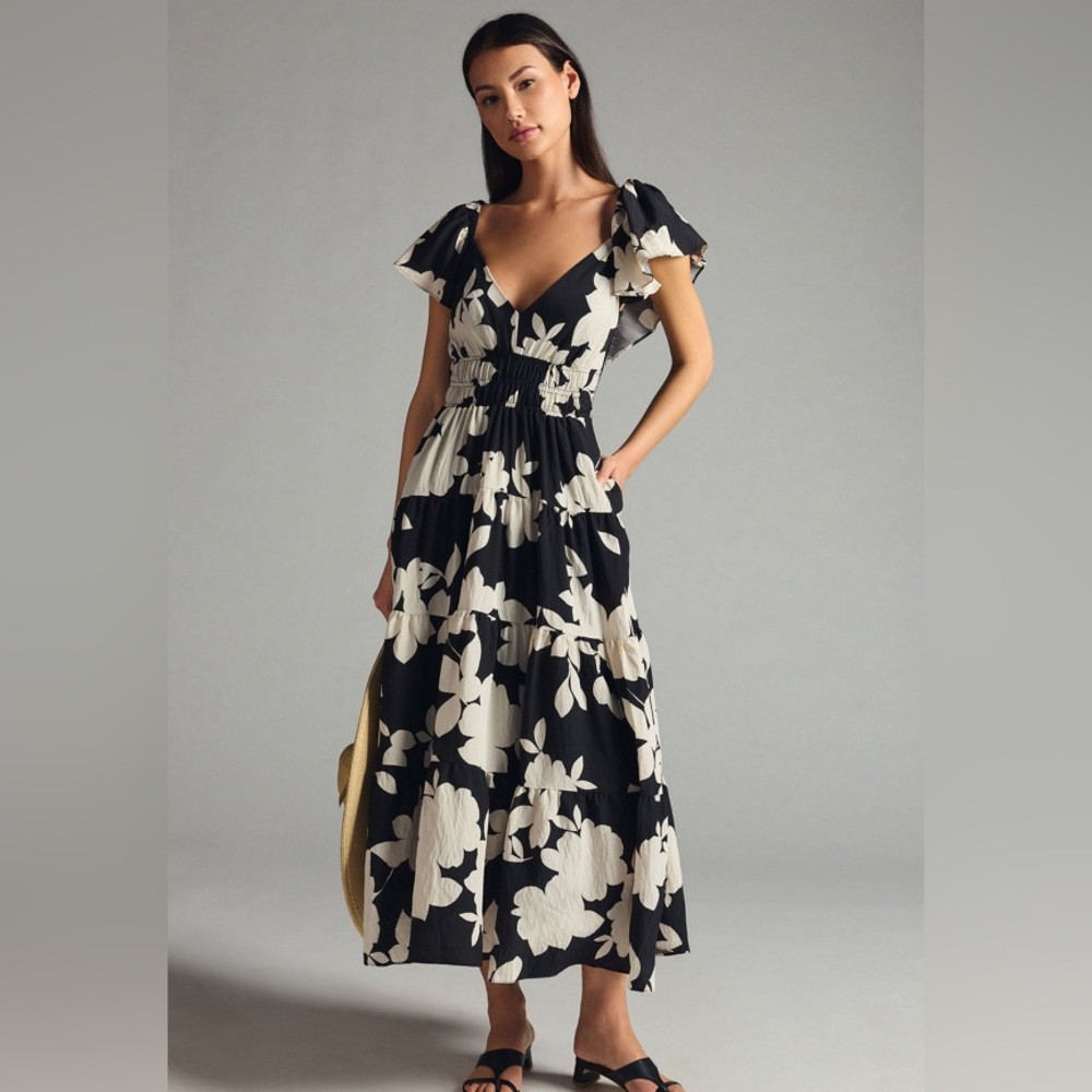 Anthropologie Tiered Flutter-Sleeve Dress Black and White XL